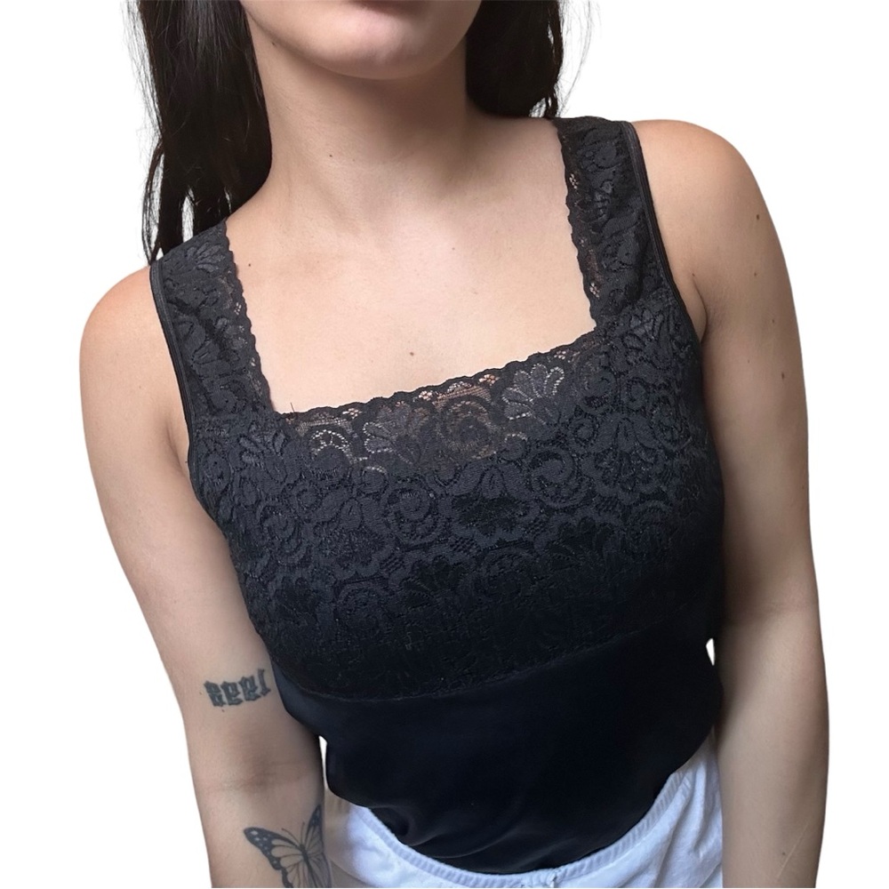 Y2K Lace Balletcore Fem Tank Top Cami By Cato Vintage Black Summer Goth Punk